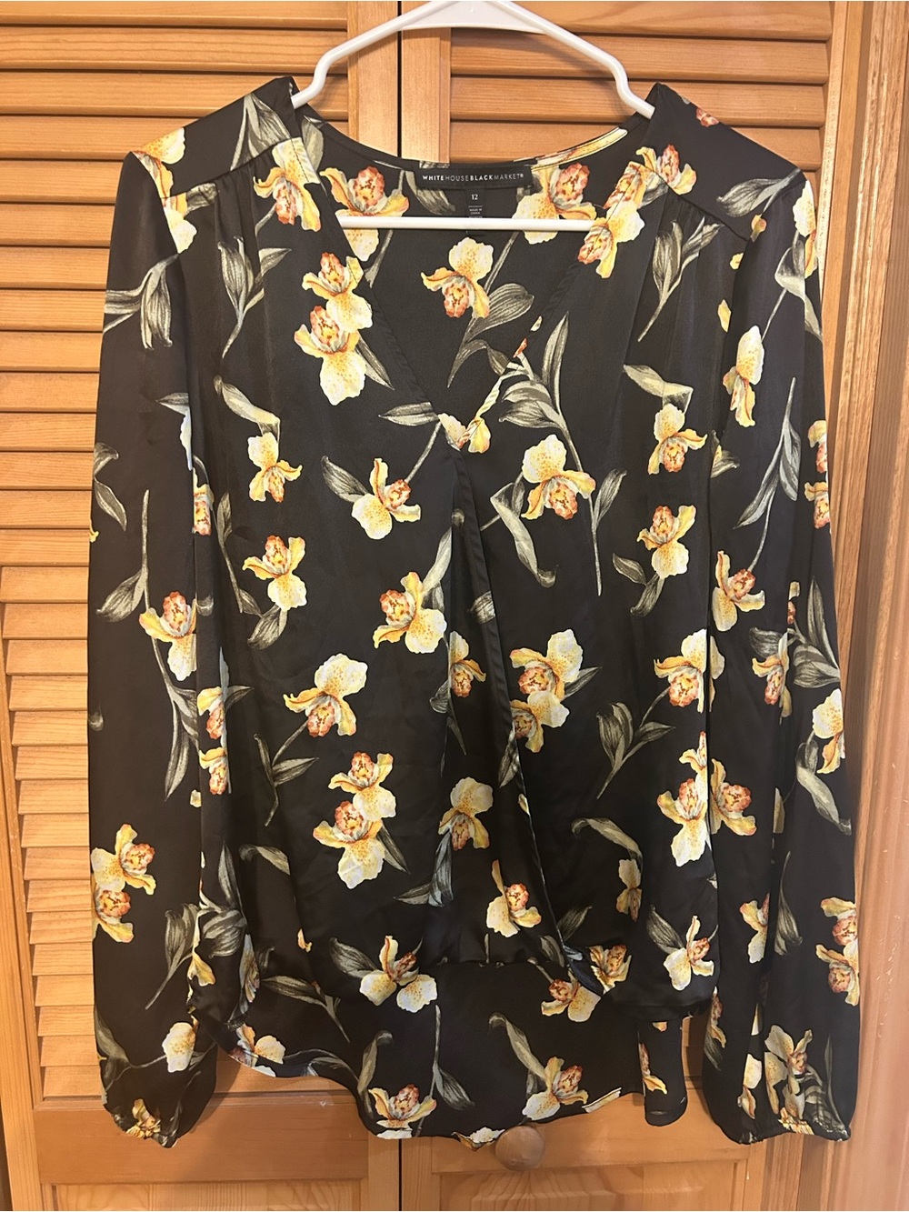 White House Black Floral V-Neck Blouse with Yellow Orchids